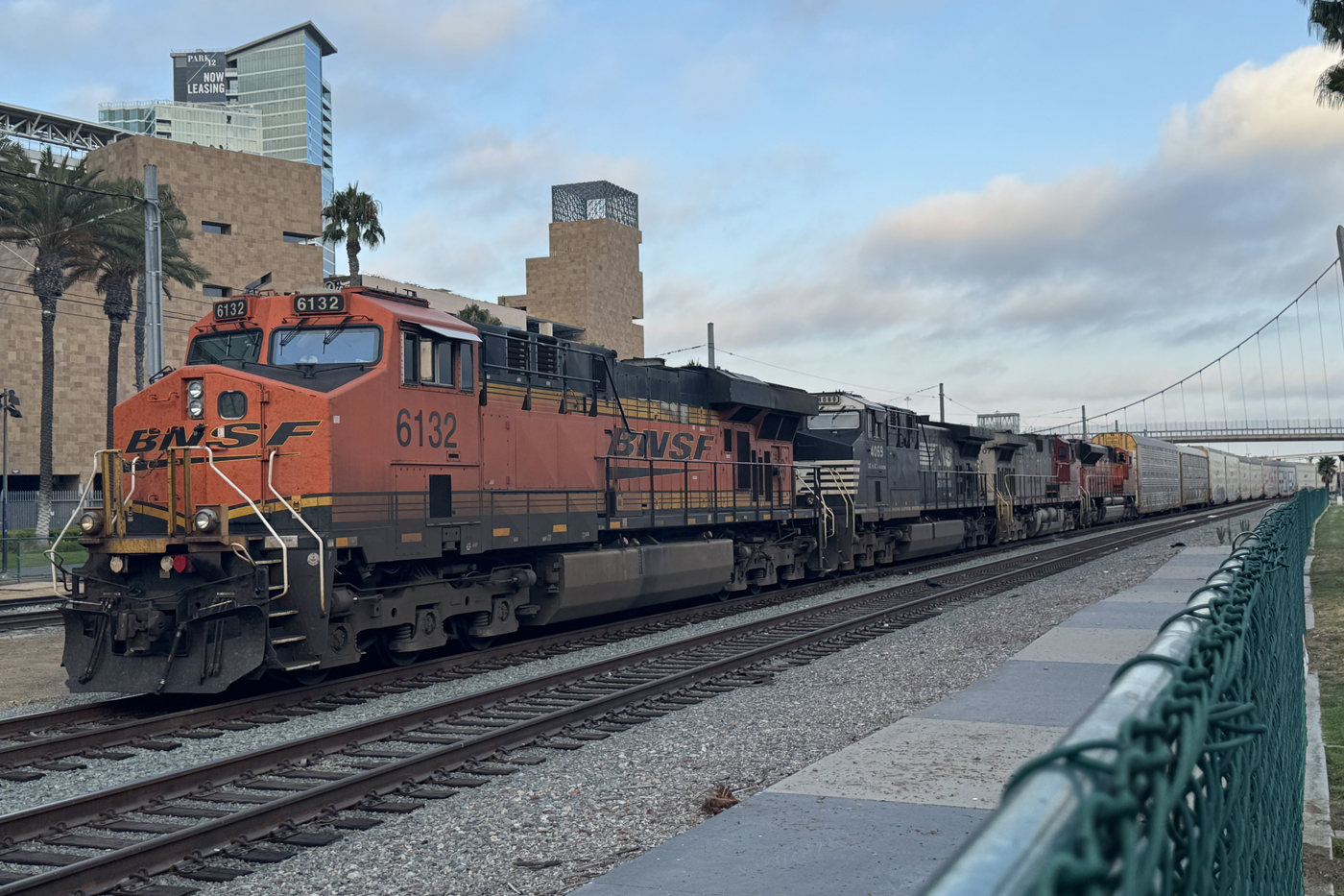 A BNSF freight train at the 22nd Street Railroad Yard, downtown San Diego, on August 14, 2025.