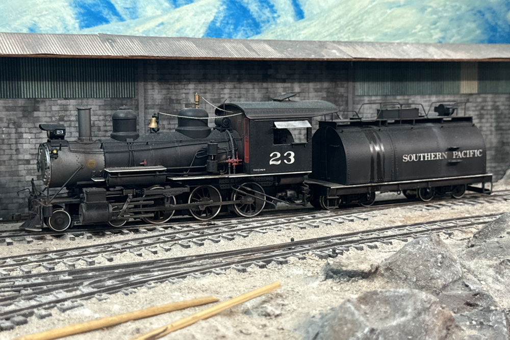 Picture of Southern Pacific's locomotive #23 from Justin's Owens Valley and the Southern Pacific On30 shelf layout.